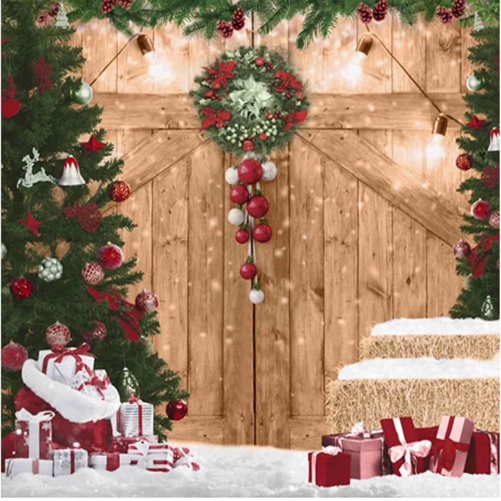 💜6x6FT Rustic Christmas Barn Door Backdrop for Photography Merry Xmas